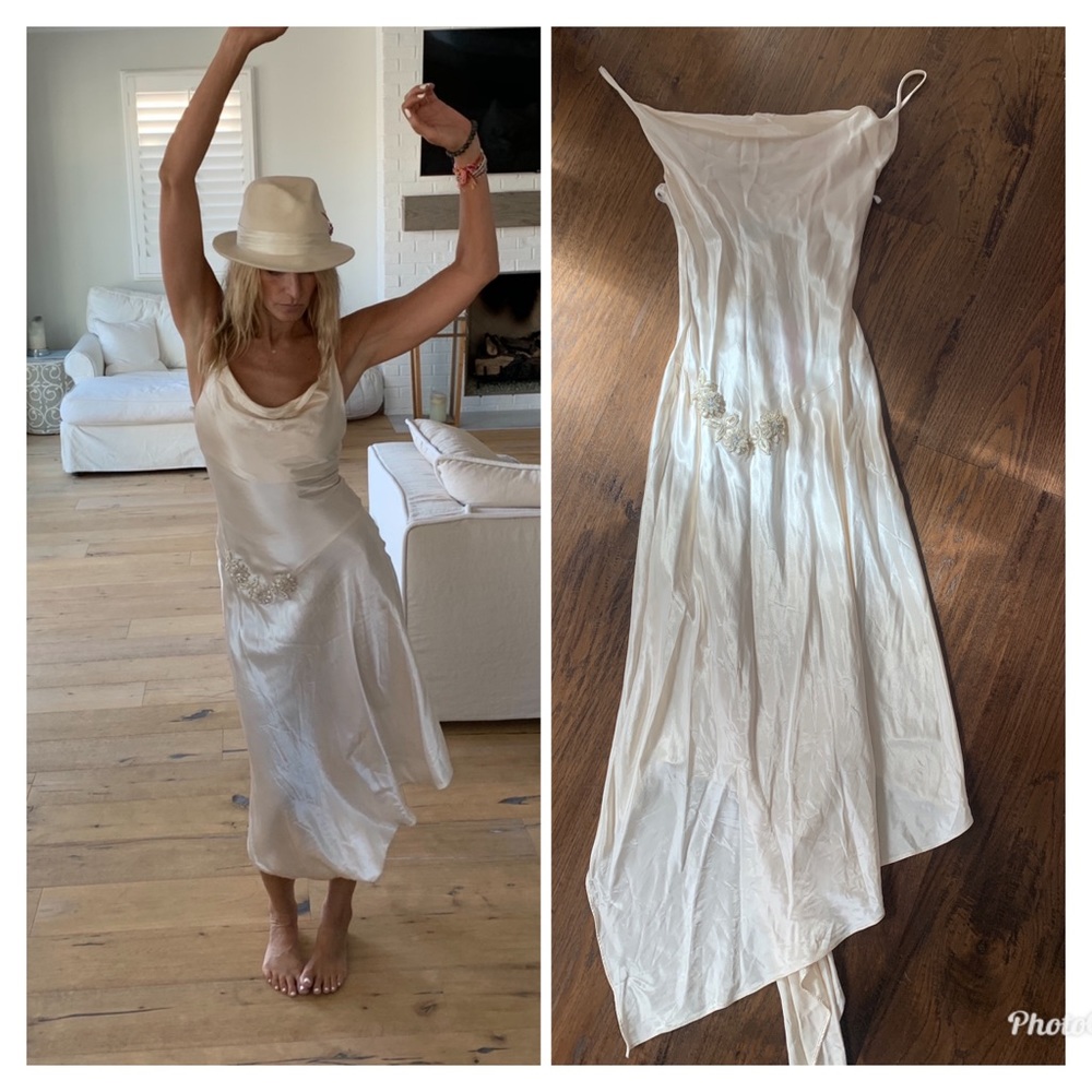 Vintage 80s Satin Goddess Midi Dress cowl neck S